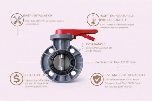 جدول ERA 80 CPVC صمام فراشة 3 بوصات، مقبض رافعة، ختم مقعد EPDM، ساق من الفولاذ المقاوم للصدأ 410، مقاوم للمواد الكيميائية، تصنيف ANSI، درجة حرارة التشغيل من 32 درجة فهرنهايت إلى 200 درجة فهرنهايت in Kuwait