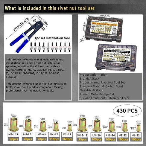 ASKWAY Rivet Nut SAE & Metric 860 PCS, SAE Rivet Nut Kit (5/16-20, 1/4-20, 10-24, 8-32, 6-32) Metric Rivet Nuts (M8, M6, M5, M4, M3) in Kuwait