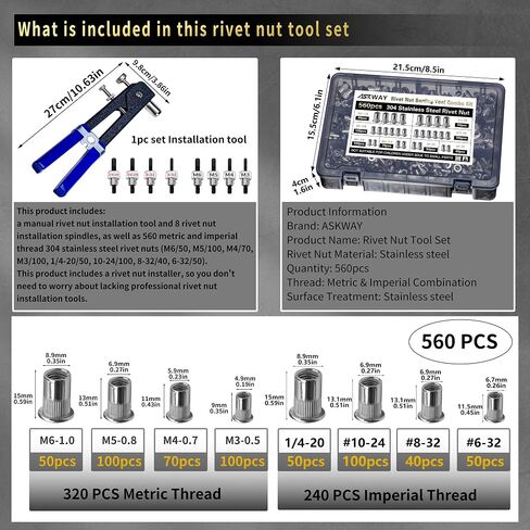 ASKWAY Rivet Nut Stainless Steel SAE & Metric Rivet Nut Tool Set 560pcs, 304 Stainless Steel Rivet Nuts (1/4-20, 10-24, 8-32, 6-32) (M6, M5, M4, M3) in Kuwait