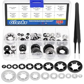 Glarks 209pcs 65Mn-Steel Internal Tooth Star Lock Washer and 304 Stainless Steel Quick Speed Locking Washer Assortment Kit 9 Sizes Push on Locking Washers with Tweezers for Machinery Manufacturing in Kuwait