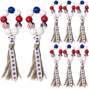 4th of July Wooden Bead Napkin Rings, Patriotic US Flag Star Striped Tassel Napkin Holders, Red White Blue Independence Day Table Decor for Memorial Day Labor Day BBQ Party, Set of 8 Napkin Holders in Kuwait