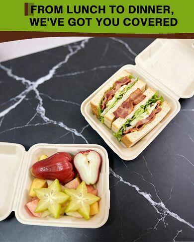50 Pack 8x8 Inch Compostable Clamshell Takeout Containers, Biodegradable To Go Boxes – Heavy Duty Disposable Food Containers Made of Sugarcane Bagasse, For Restaurant, Cafe, Food Truck in Saudi Arabia