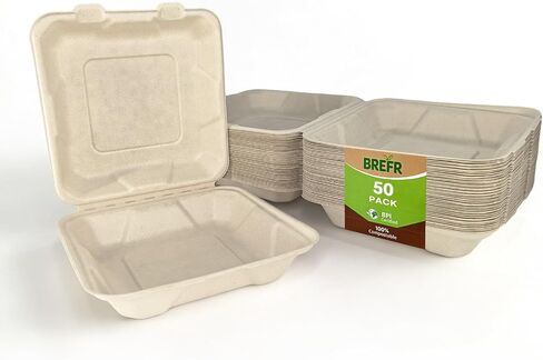 50 Pack 8x8 Inch Compostable Clamshell Takeout Containers, Biodegradable To Go Boxes – Heavy Duty Disposable Food Containers Made of Sugarcane Bagasse, For Restaurant, Cafe, Food Truck in Saudi Arabia