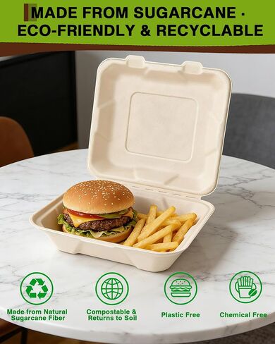 50 Pack 8x8 Inch Compostable Clamshell Takeout Containers, Biodegradable To Go Boxes – Heavy Duty Disposable Food Containers Made of Sugarcane Bagasse, For Restaurant, Cafe, Food Truck in Saudi Arabia