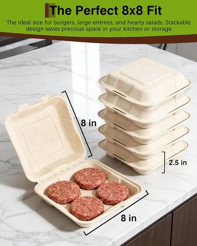 50 Pack 8x8 Inch Compostable Clamshell Takeout Containers, Biodegradable To Go Boxes – Heavy Duty Disposable Food Containers Made of Sugarcane Bagasse, For Restaurant, Cafe, Food Truck in Saudi Arabia