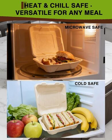 50 Pack 8x8 Inch Compostable Clamshell Takeout Containers, Biodegradable To Go Boxes – Heavy Duty Disposable Food Containers Made of Sugarcane Bagasse, For Restaurant, Cafe, Food Truck in Saudi Arabia