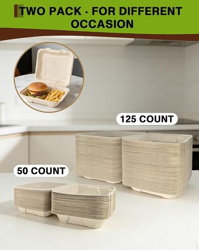 50 Pack 8x8 Inch Compostable Clamshell Takeout Containers, Biodegradable To Go Boxes – Heavy Duty Disposable Food Containers Made of Sugarcane Bagasse, For Restaurant, Cafe, Food Truck in Saudi Arabia