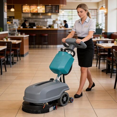 Walk Behind Commercial Floor Scrubber Machine, Battery Powered Cordless Compact Scrubber 15" Cleaning and 23" Suction Width, 6 Gal Sewage and 5 Gal Water Tank, 24000 Sq Ft/h in Kuwait