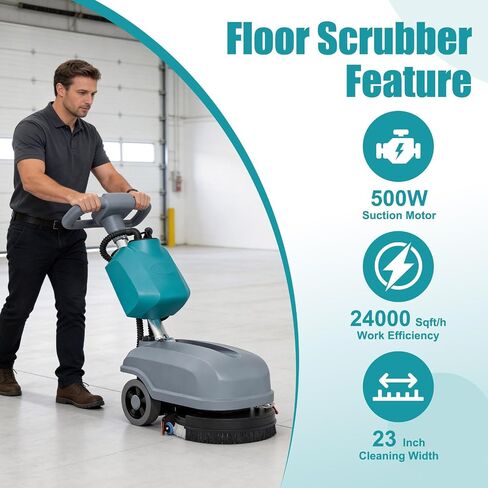 Walk Behind Commercial Floor Scrubber Machine, Battery Powered Cordless Compact Scrubber 15" Cleaning and 23" Suction Width, 6 Gal Sewage and 5 Gal Water Tank, 24000 Sq Ft/h in Kuwait