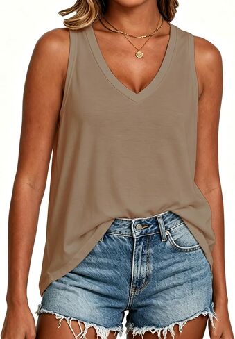 PRIMODA Womens Loose Fit Tank Tops V Neck Sleeveless Top Shirts Casual Summer Flowy Shirt in Kuwait