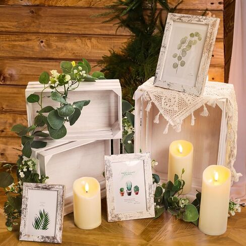 11 Pcs Rustic Wedding Decoration, Includes Farmhouse Nesting Wooden Crates for Display, Photo Frames, Flameless LED Candles, Faux Eucalyptus Garland, Lace Table Cover for Barn Decor(Brown) in Saudi Arabia
