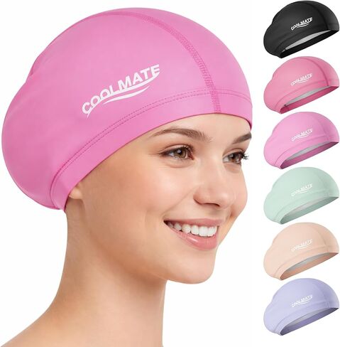 قبعة سباحة كبيرة من القماش من COOLMATE للنساء ذات الشعر الطويل - مقاومة للماء من السيليكون، مساحة إضافية للضفائر السميكة والمجعد والمجدل، غير قابلة للانزلاق، هدية للسباحين (عبوة واحدة) in Kuwait