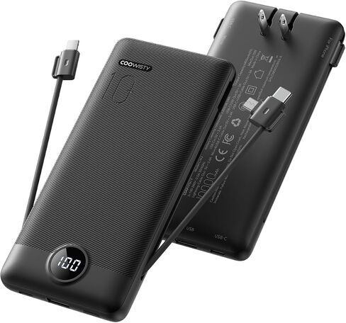 Portable Charger with Wall Plug, Slim USB C Power Bank with Built-in Cables, 10000mah LED Display External Battery Pack Compatible with iPhone/Android & More (Black) in Kuwait