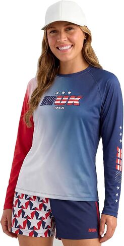 HUK Ladies Airweight America 250 Long Sleeve Crew Shirt (White, Small) in Kuwait