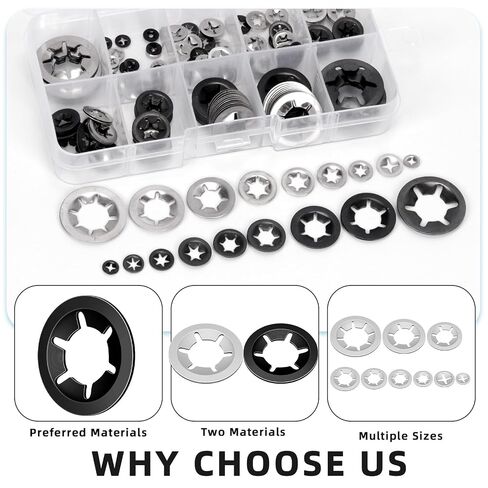 Glarks 209pcs 65Mn-Steel Internal Tooth Star Lock Washer and 304 Stainless Steel Quick Speed Locking Washer Assortment Kit 9 Sizes Push on Locking Washers with Tweezers for Machinery Manufacturing in Kuwait