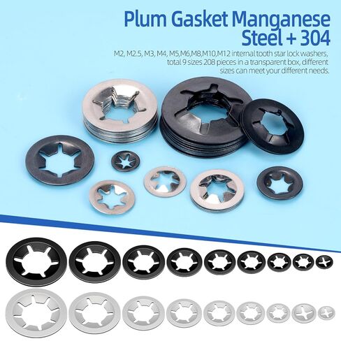 Glarks 209pcs 65Mn-Steel Internal Tooth Star Lock Washer and 304 Stainless Steel Quick Speed Locking Washer Assortment Kit 9 Sizes Push on Locking Washers with Tweezers for Machinery Manufacturing in Kuwait