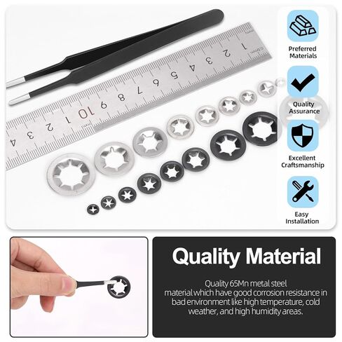 Glarks 209pcs 65Mn-Steel Internal Tooth Star Lock Washer and 304 Stainless Steel Quick Speed Locking Washer Assortment Kit 9 Sizes Push on Locking Washers with Tweezers for Machinery Manufacturing in Kuwait