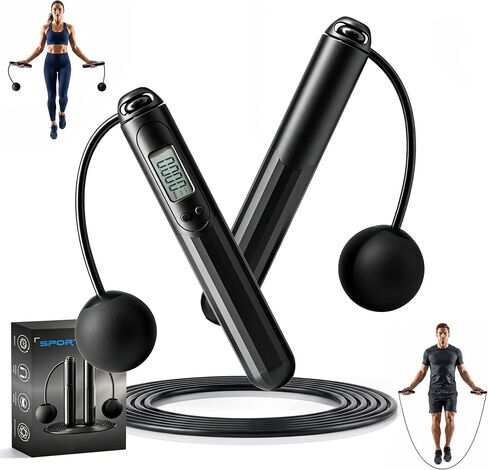 2-in-1 Weighted Jump Rope with Counter - Corded & Cordless Skipping Rope with LCD Display, Cordless jump rope,Adjustable Length Steel Ball Bearings Jumping Rope for Adults Fitness, Home Gym Workout in Saudi Arabia