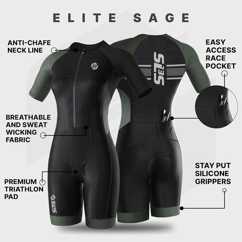 SLS3 Triathlon Suits Women Elite Aero Sleeved Tri Suit Women, Trisuit, Quick-Dry, Italian Chamois, Ready for Any Distance (Sage, Large) in Kuwait