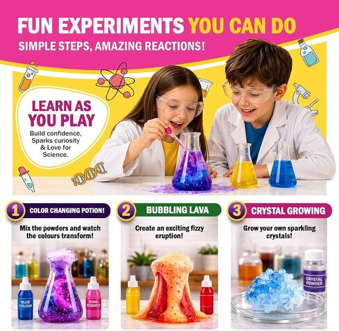 Jim & Gloria Science Kits للأطفال الذين تتراوح أعمارهم بين 5 و 7 و 2 و2 عامًا من هدايا أعياد الميلاد للبنات ولوازم الحرف والتعلم والتعليم ولعب STEM ومجموعة الكيمياء وتجارب العلوم لمشاريع بركان الأطفال in Kuwait