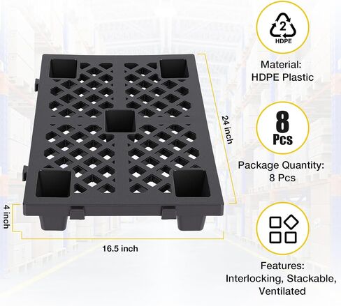 8 عبوات من المنصات البلاستيكية، 24x16.5x4 في منصات أرضية HDPE، منصات بلاستيكية متشابكة قابلة للتكديس لتخزين الطابق السفلي، قاعدة تخزين مقاومة للرطوبة للحدائق والجراج والمستودعات، أسود in Kuwait