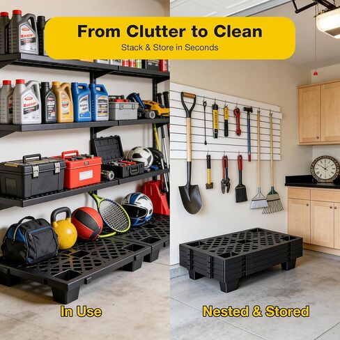 8 عبوات من المنصات البلاستيكية، 24x16.5x4 في منصات أرضية HDPE، منصات بلاستيكية متشابكة قابلة للتكديس لتخزين الطابق السفلي، قاعدة تخزين مقاومة للرطوبة للحدائق والجراج والمستودعات، أسود in Kuwait