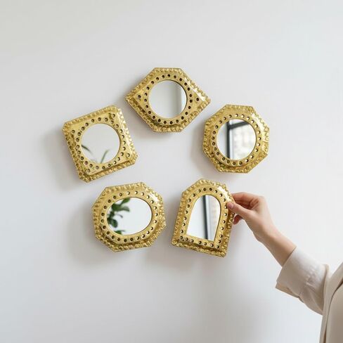 Set of 5 Small Decorative Wall Mirrors – Gold Brass Handmade Mirror Set | Round, Arch, Oval, Octagon, Eye Shapes | Living Room, Bedroom, Home Wall Decor (5, Sharp Edged) in Kuwait