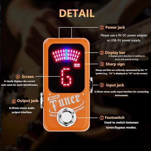 Tuner Pedal, Deluxe Chromatic Guitar Tuner Pedal for Electric Guitar and Bass, LED Silent Tuning with True Bypass, Millisecond Response & ±1 Cent Accuracy USB/DC Powered for Noise-Free (Orange) in Kuwait