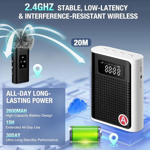 مضخم صوت للمعلمين، ميكروفون لاسلكي بدون صفير، نظام PA محمول مع شاشة عرض LED، مشبك صغير على مكبر صوت ميكروفون للمعلمين، الفصول الدراسية، اليوغا، مرشد سياحي، اجتماع المدرب in Kuwait