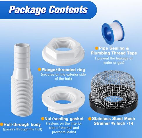 Thru Hull Strainer Mount with Aerator Screen, Boat Water Intake Fitting for Livewell Aerator Pump Systems, Thru Hull Water Pickup for 3/4" ID Hose Plastic Marine Intake Strainer for Fishing in Kuwait
