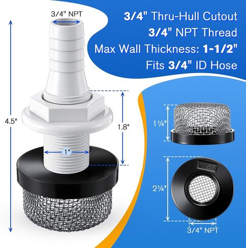 Thru Hull Strainer Mount with Aerator Screen, Boat Water Intake Fitting for Livewell Aerator Pump Systems, Thru Hull Water Pickup for 3/4" ID Hose Plastic Marine Intake Strainer for Fishing in Kuwait