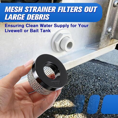 Thru Hull Strainer Mount with Aerator Screen, Boat Water Intake Fitting for Livewell Aerator Pump Systems, Thru Hull Water Pickup for 3/4" ID Hose Plastic Marine Intake Strainer for Fishing in Kuwait