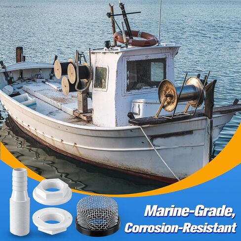 Thru Hull Strainer Mount with Aerator Screen, Boat Water Intake Fitting for Livewell Aerator Pump Systems, Thru Hull Water Pickup for 3/4" ID Hose Plastic Marine Intake Strainer for Fishing in Kuwait