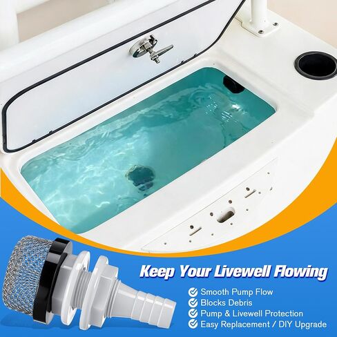 Thru Hull Strainer Mount with Aerator Screen, Boat Water Intake Fitting for Livewell Aerator Pump Systems, Thru Hull Water Pickup for 3/4" ID Hose Plastic Marine Intake Strainer for Fishing in Kuwait