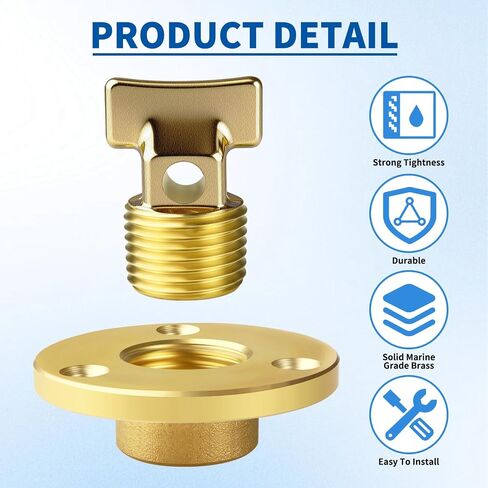 Boltigen Solid Brass Garboard Drain Plug Kit, 1/2" NPT Threaded Thru-Hull Transom Drain Plug, Marine Grade Anti-Corrosion Watertight Boat Hull Drain Plug in Kuwait