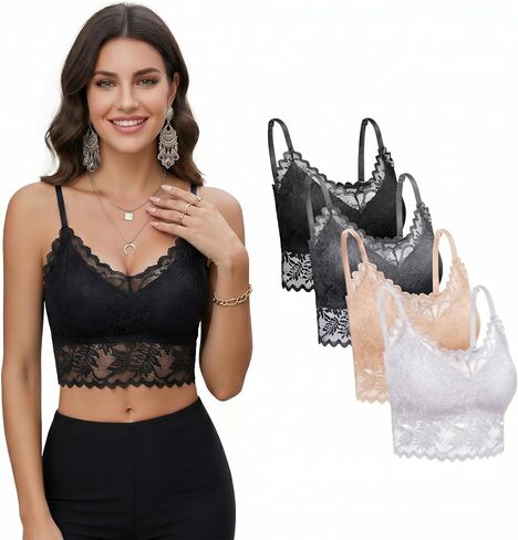 Geyoga 4 Pcs Lace Bralette for Women V Neck Lace Camisole Adjustable Spaghetti Strap Crop Top Half Top in Kuwait