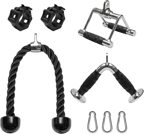 Heavy-Duty Cable Machine Attachments, LAT Pulldown Kit with V-Bar, Tricep Rope, Double D Handle, Barbell Collar, 360° Swivel Hooks, Alloy Steel Home Gym Full Body Workout in Kuwait