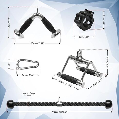 Heavy-Duty Cable Machine Attachments, LAT Pulldown Kit with V-Bar, Tricep Rope, Double D Handle, Barbell Collar, 360° Swivel Hooks, Alloy Steel Home Gym Full Body Workout in Kuwait