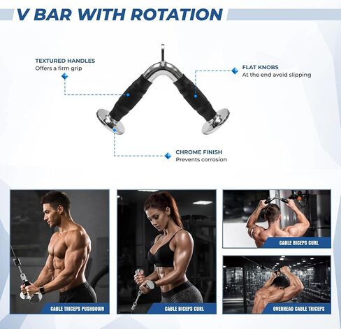 Heavy-Duty Cable Machine Attachments, LAT Pulldown Kit with V-Bar, Tricep Rope, Double D Handle, Barbell Collar, 360° Swivel Hooks, Alloy Steel Home Gym Full Body Workout in Kuwait