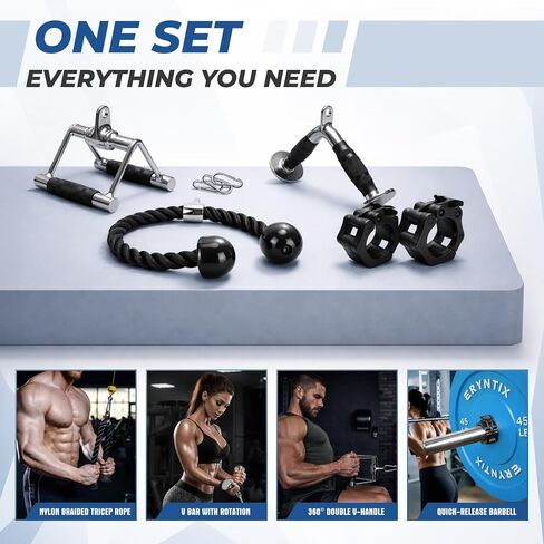 Heavy-Duty Cable Machine Attachments, LAT Pulldown Kit with V-Bar, Tricep Rope, Double D Handle, Barbell Collar, 360° Swivel Hooks, Alloy Steel Home Gym Full Body Workout in Kuwait