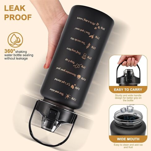 زجاجة مياه تحفيزية سعة 64 أونصة مع ماصة وعلامة للوقت، إبريق ماء كبير مقاوم للتسرب خالٍ من مادة BPA، زجاجة مياه رياضية نصف جالون للصالة الرياضية واللياقة البدنية والمشي لمسافات طويلة والخارج (أسود) in Kuwait