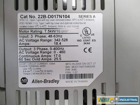 ALLEN BRADLEY 22B-D017N104 POWERFLEX 40 380-480V-AC 0-400HZ 10HP AC VFD Drive in Saudi Arabia