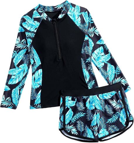 ملابس سباحة للفتيات قطعتين من Rash Guard 2026 بدلات استحمام نصف سحاب وأكمام طويلة مع ملابس سباحة قصيرة مطبوعة استوائية 7-14T in Kuwait