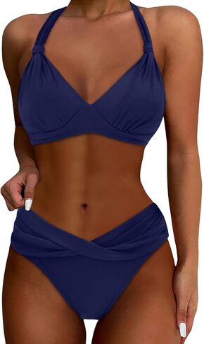 High Cut Bikini Sets for Women Sexy High Waist Ruched Halter Swimsuit Gold Metal Two Piece Triangle Bathing Suit in Kuwait