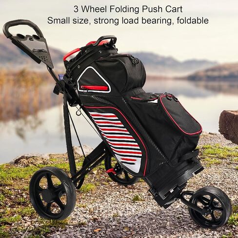 3 Wheel Folding Push Cart Portable Scorecard Holder Sports Bag Push Cart with Foot Brake Adjustable Buckle for Ball Tee Cup in Kuwait