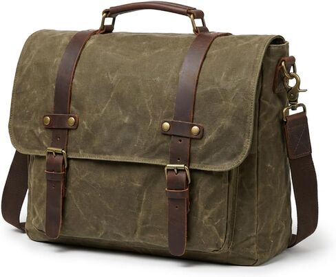 Men's Vintage Leather Messenger Bag 15.6 inch Laptop Briefcase, Waxed Canvas & Genuine Leather, Business Shoulder Satchel in Kuwait