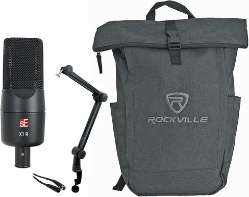 حزمة Audio Savings SE Electronics X1 R: ميكروفون تسجيل بشريط معدني بالكامل مع XLR مطلي بالذهب، حامل ذراع RG30، كابل ميكروفون RCXFM20E-B بطول 20 قدم، حقيبة ظهر مبطنة RPAK، 4 عناصر in Kuwait