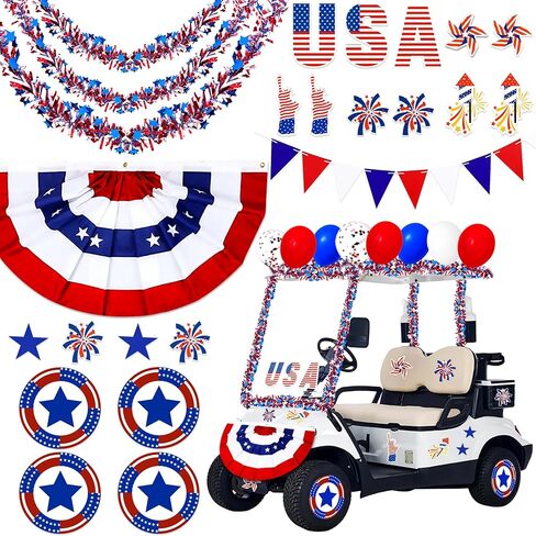 34Pcs 4th of July Parade Golf Cart Decoration Kit - Bunting Burlap Flag, Tinsel Garlands, Balloons, Etc - Red White Blue Decor for Patriotic Independence Day Party Favors in Saudi Arabia