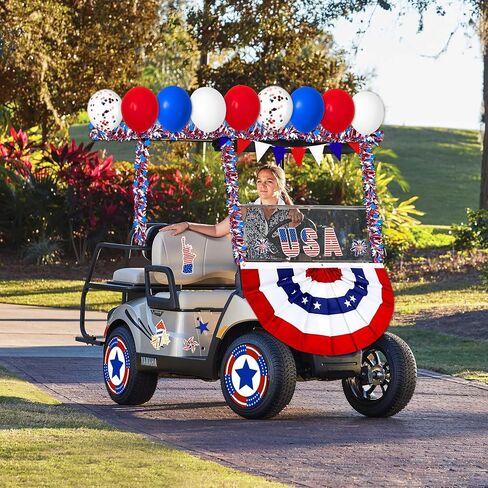 34Pcs 4th of July Parade Golf Cart Decoration Kit - Bunting Burlap Flag, Tinsel Garlands, Balloons, Etc - Red White Blue Decor for Patriotic Independence Day Party Favors in Saudi Arabia