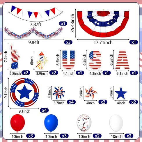 34Pcs 4th of July Parade Golf Cart Decoration Kit - Bunting Burlap Flag, Tinsel Garlands, Balloons, Etc - Red White Blue Decor for Patriotic Independence Day Party Favors in Saudi Arabia